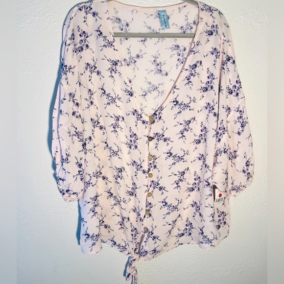 M Fasis Blouse Plus Size 3x Floral Button Up Pink Boho 3/4 Sleeve Front Tie NWT - Picture 1 of 8